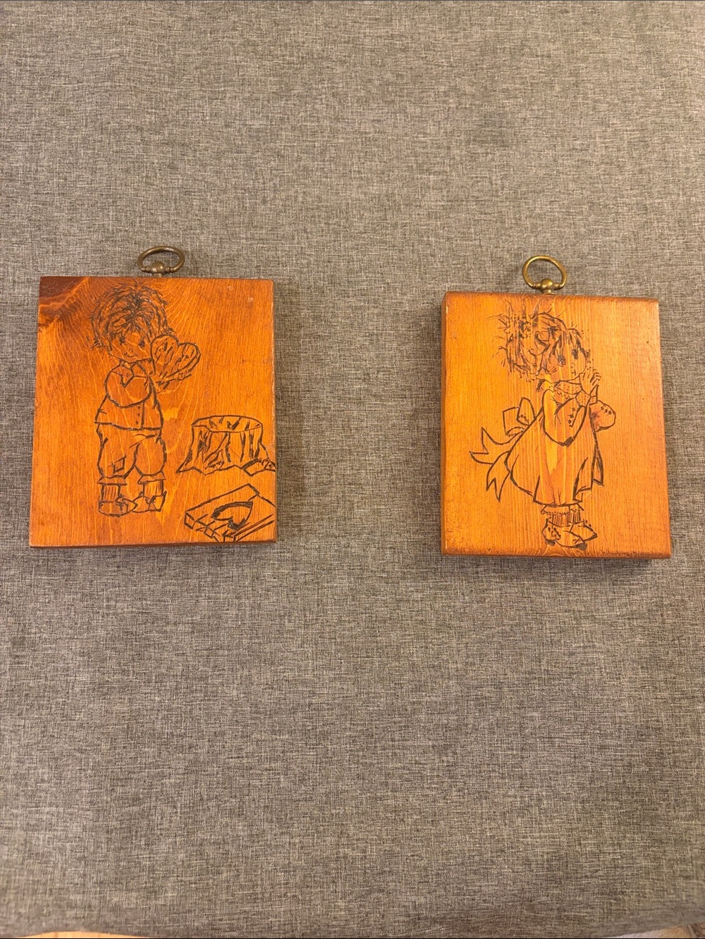 Vintage Style Hand-Pyrography Children's Wall Plaques - Orange Wood (Pair)
